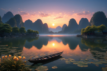 桂林山水日出湖面小船景色