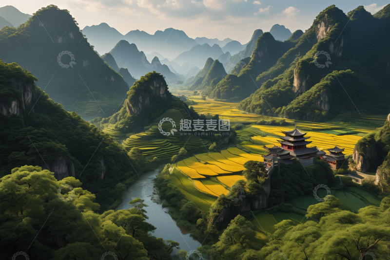 高清大图下载【趣麦麦图】山水间稻田与古建筑风景