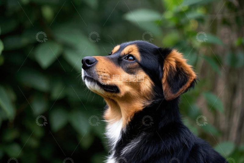 高清大图下载【趣麦麦图】仰头凝视的三色宠物狗