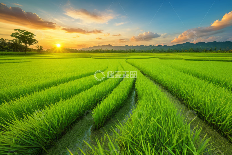 高清大图下载【趣麦麦图】夕阳下的绿色稻田田园景观