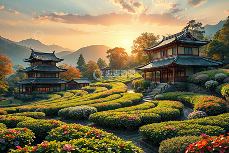 中式园林夕阳下的景观