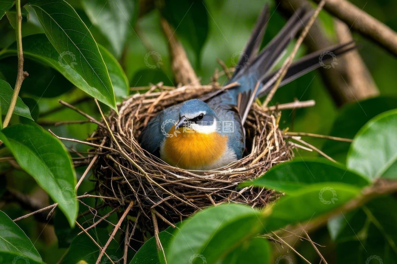 高清大图下载【趣麦麦图】鸟巢中栖息的彩色小鸟