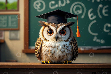 戴学士帽的猫头鹰在教室