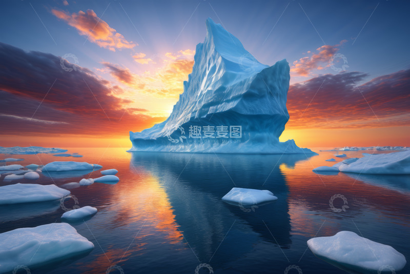 高清大图下载【趣麦麦图】海洋上的巨型冰山与日落景观