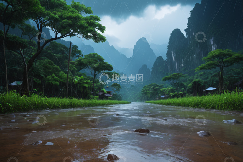 高清大图下载【趣麦麦图】雨中山林与溪流自然景观