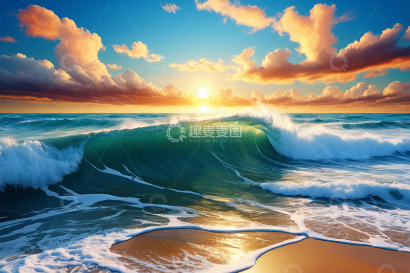 高清大图下载【趣麦麦图】海边日落海浪景观