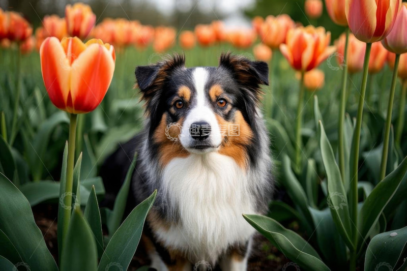 高清大图下载【趣麦麦图】花丛中坐着的澳大利亚牧羊犬