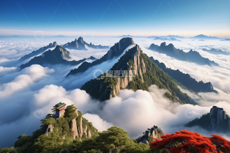 高清大图下载【趣麦麦图】高山云海中的楼阁景观