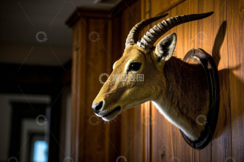 高清大图下载【趣麦麦图】挂在木墙上的羚羊头标本