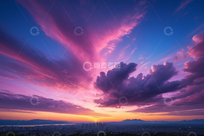 高清大图下载【趣麦麦图】城市上空绚丽晚霞全景