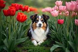 牧羊犬于郁金香花丛中休憩