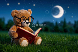 夜晚草地小熊看书场景