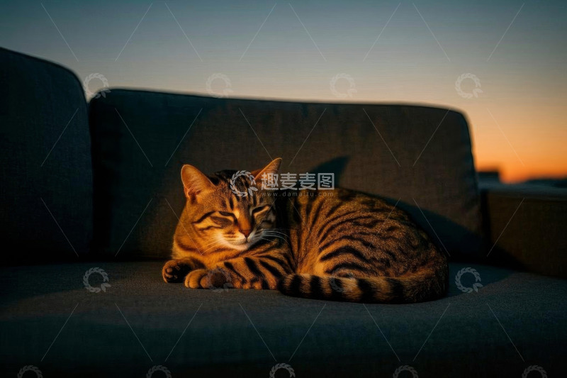 高清大图下载【趣麦麦图】沙发上休憩的斑纹猫