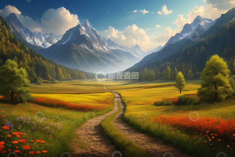 高清大图下载【趣麦麦图】山间花海小径自然风光