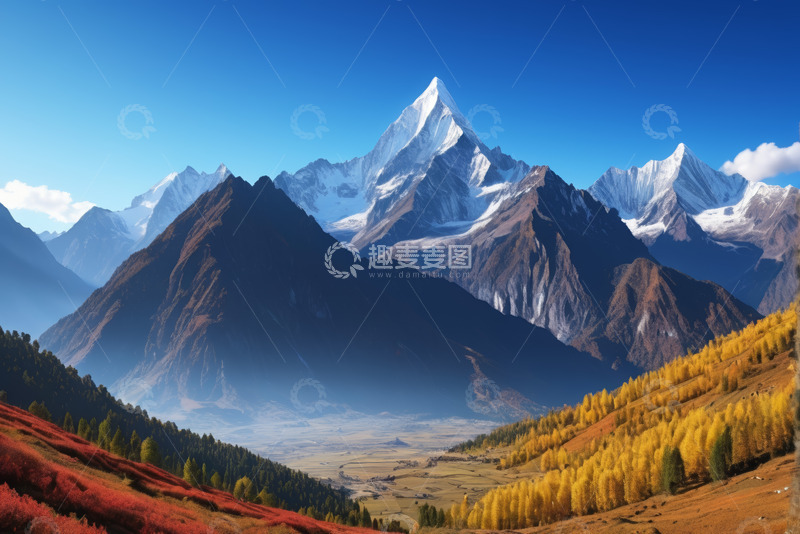 高清大图下载【趣麦麦图】秋日雪山与山林自然景观