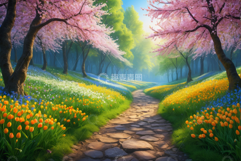 高清大图下载【趣麦麦图】樱花盛开的林间小道风景