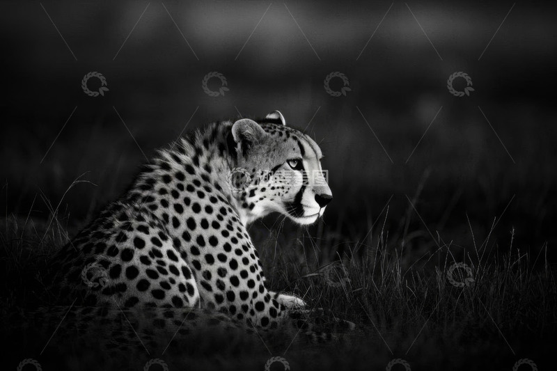 高清大图下载【趣麦麦图】黑白猎豹坐卧草地侧视图