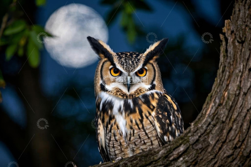 高清大图下载【趣麦麦图】月夜树枝上的猫头鹰特写