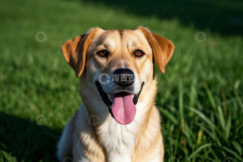 高清大图下载【趣麦麦图】草地中的吐舌狗狗特写