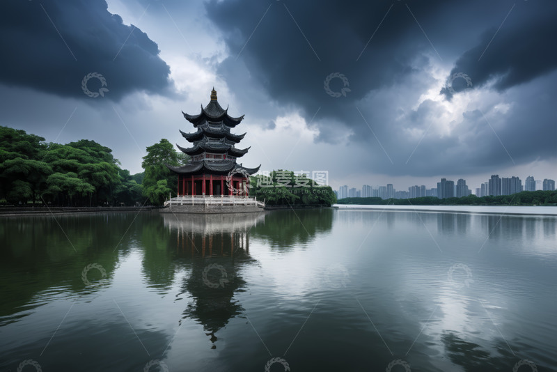 高清大图下载【趣麦麦图】湖畔中式古亭风景