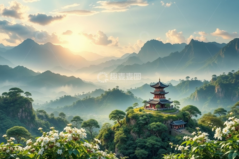 高清大图下载【趣麦麦图】山间古建筑与自然风光