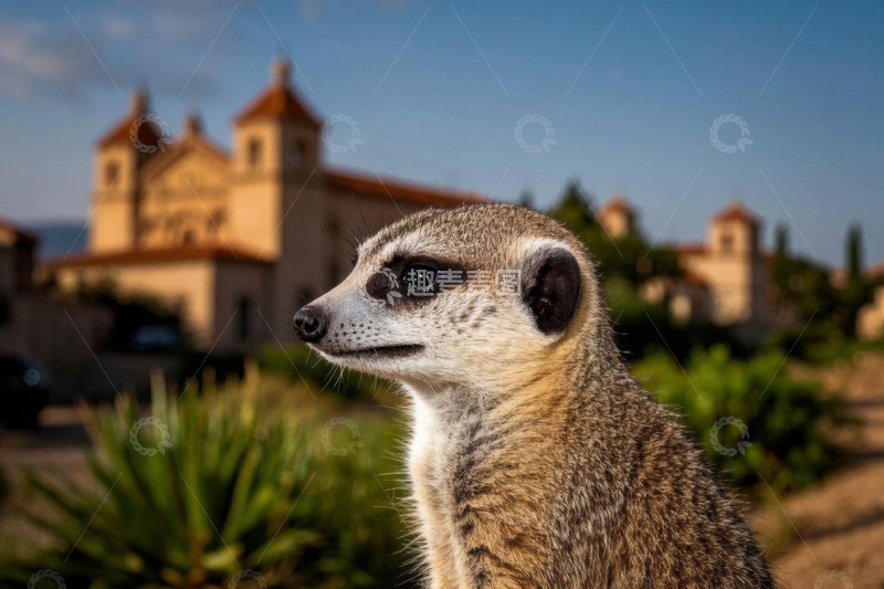高清大图下载【趣麦麦图】近景猫鼬与背景建筑景观