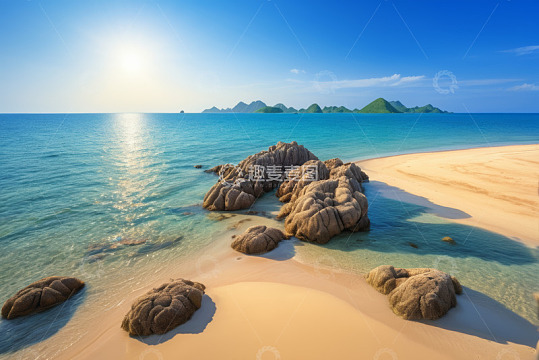 海滩岩石与远处海岛景观