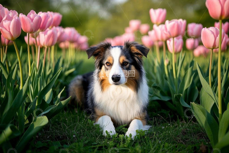 牧羊犬于郁金香花丛中休憩