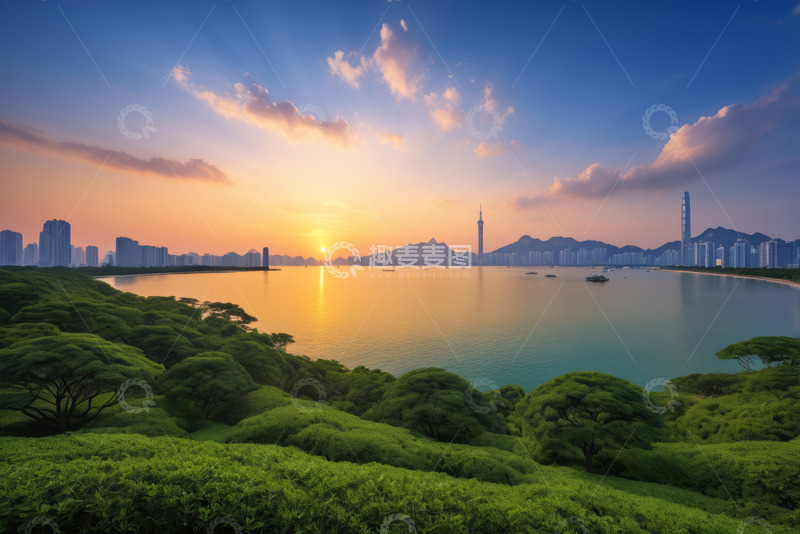 高清大图下载【趣麦麦图】城市湖畔日落自然风光