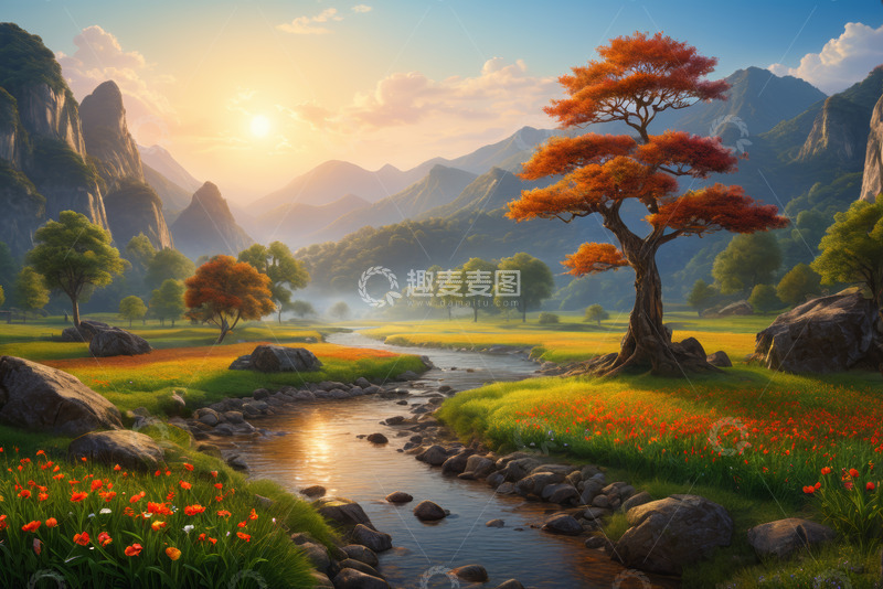 高清大图下载【趣麦麦图】山间溪边日落自然风光
