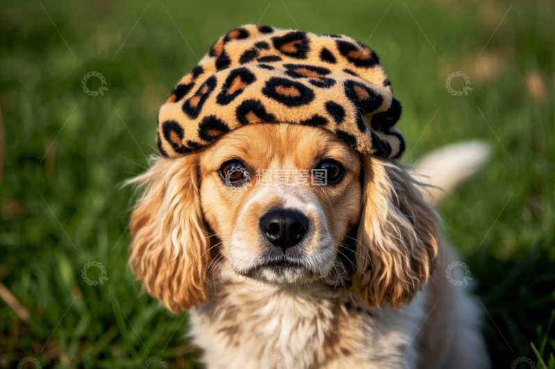 高清大图下载【趣麦麦图】戴豹纹帽的小狗在草地上