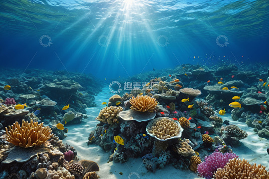 海底珊瑚与鱼群景观