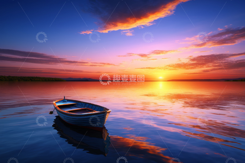 高清大图下载【趣麦麦图】湖面上小船与日落美景