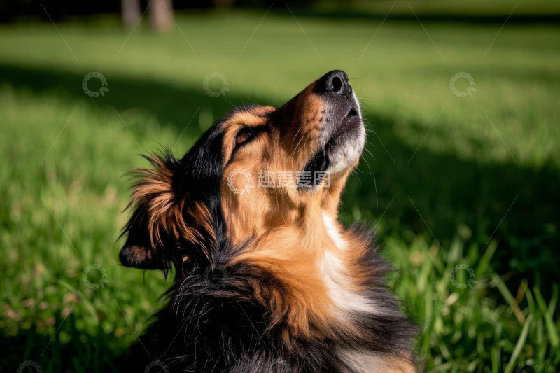 高清大图下载【趣麦麦图】草地中的仰头宠物狗