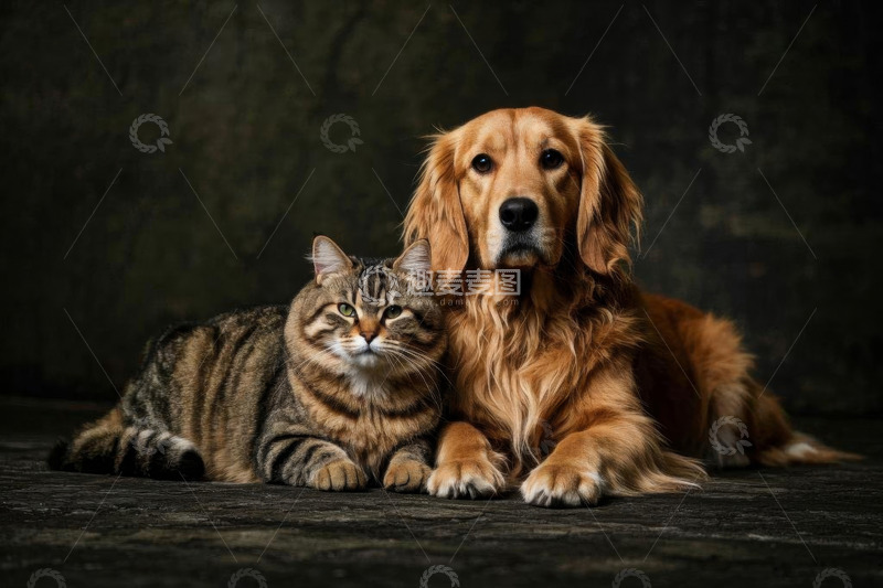 高清大图下载【趣麦麦图】猫和狗并排趴卧的场景