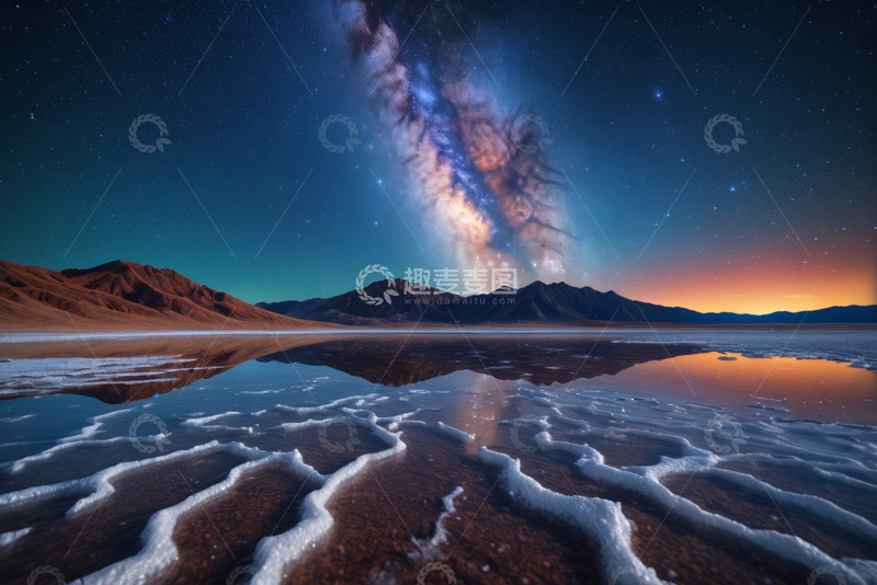 高清大图下载【趣麦麦图】星空下的荒漠湖泊倒影景观