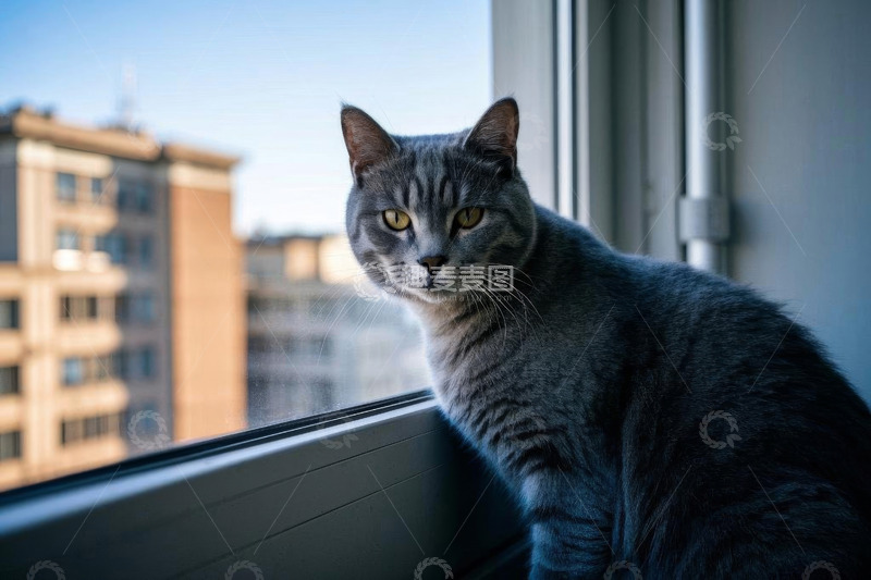 高清大图下载【趣麦麦图】窗边的灰色猫咪特写