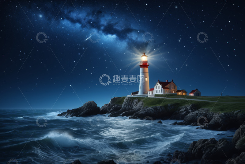 高清大图下载【趣麦麦图】夜空下海边灯塔风景