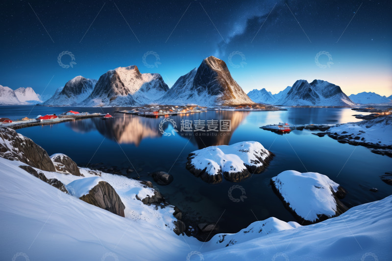 高清大图下载【趣麦麦图】挪威雪山湖泊夜景自然风光