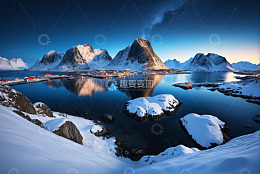 挪威雪山湖泊夜景自然风光