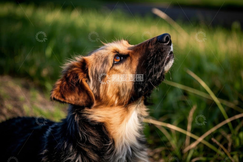 高清大图下载【趣麦麦图】户外草地仰头的宠物狗
