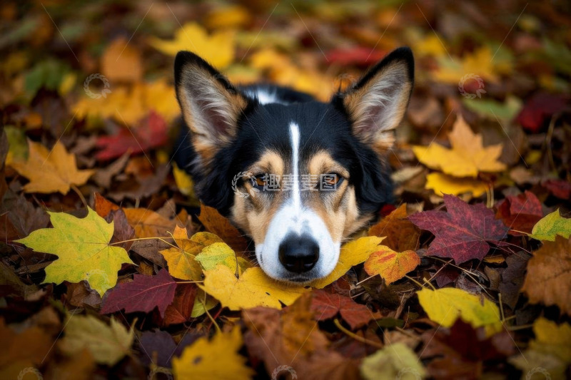 高清大图下载【趣麦麦图】趴在秋叶中的狗