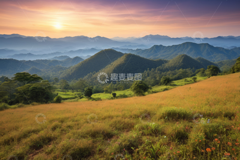 高清大图下载【趣麦麦图】山间草地日出自然风光