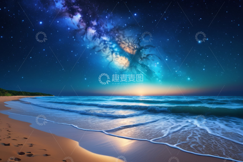 高清大图下载【趣麦麦图】星空下的海滩与海浪景观