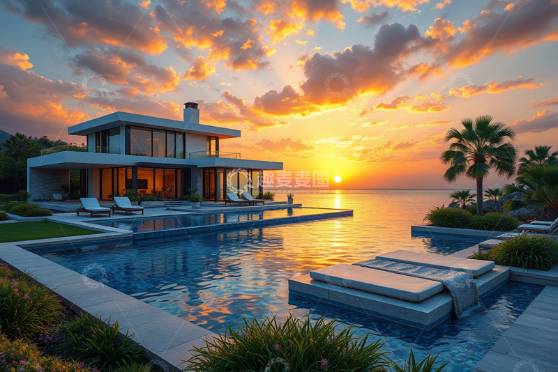 高清大图下载【趣麦麦图】海边别墅日落时分景观