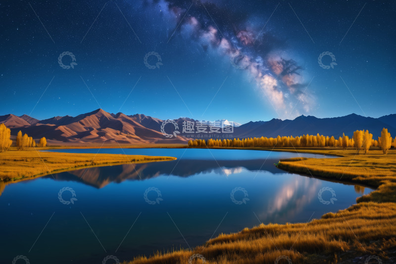 高清大图下载【趣麦麦图】星空下的湖泊与山脉自然风光