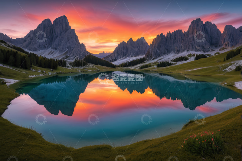 高清大图下载【趣麦麦图】山间湖泊壮丽日出景观