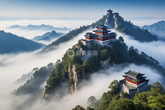 云雾中的山峰与古建筑景观