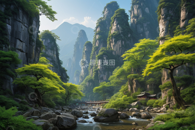 高清大图下载【趣麦麦图】山林间溪流与中式建筑风景