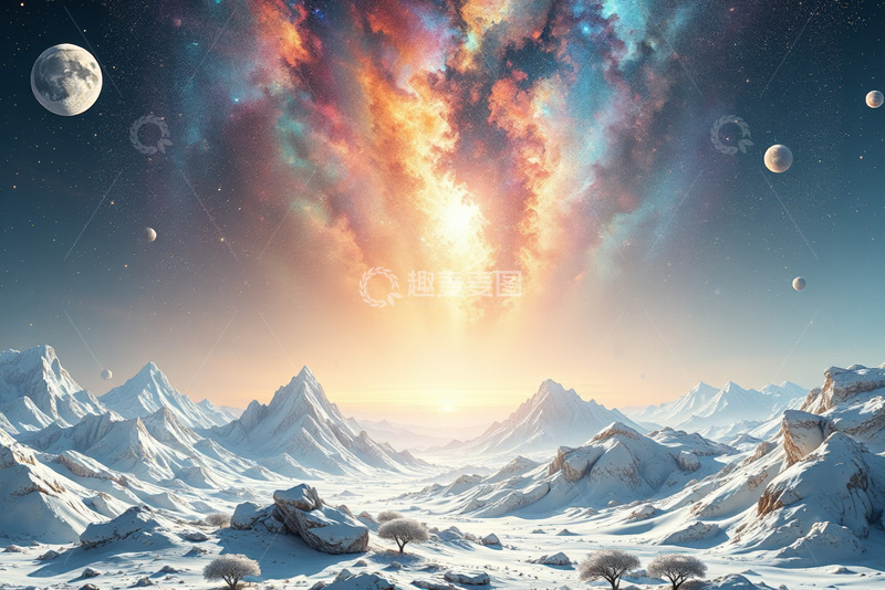 高清大图下载【趣麦麦图】雪山星空奇幻宇宙景象